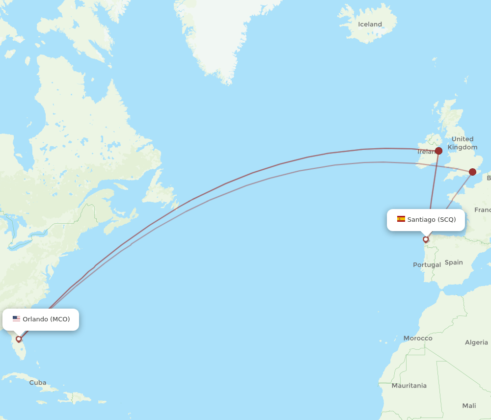 MCO to SCQ flights and routes map
