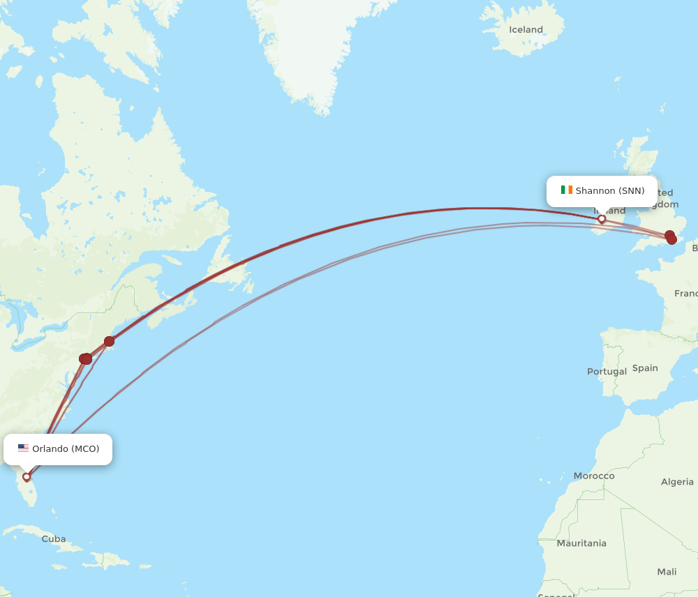 MCO to SNN flights and routes map