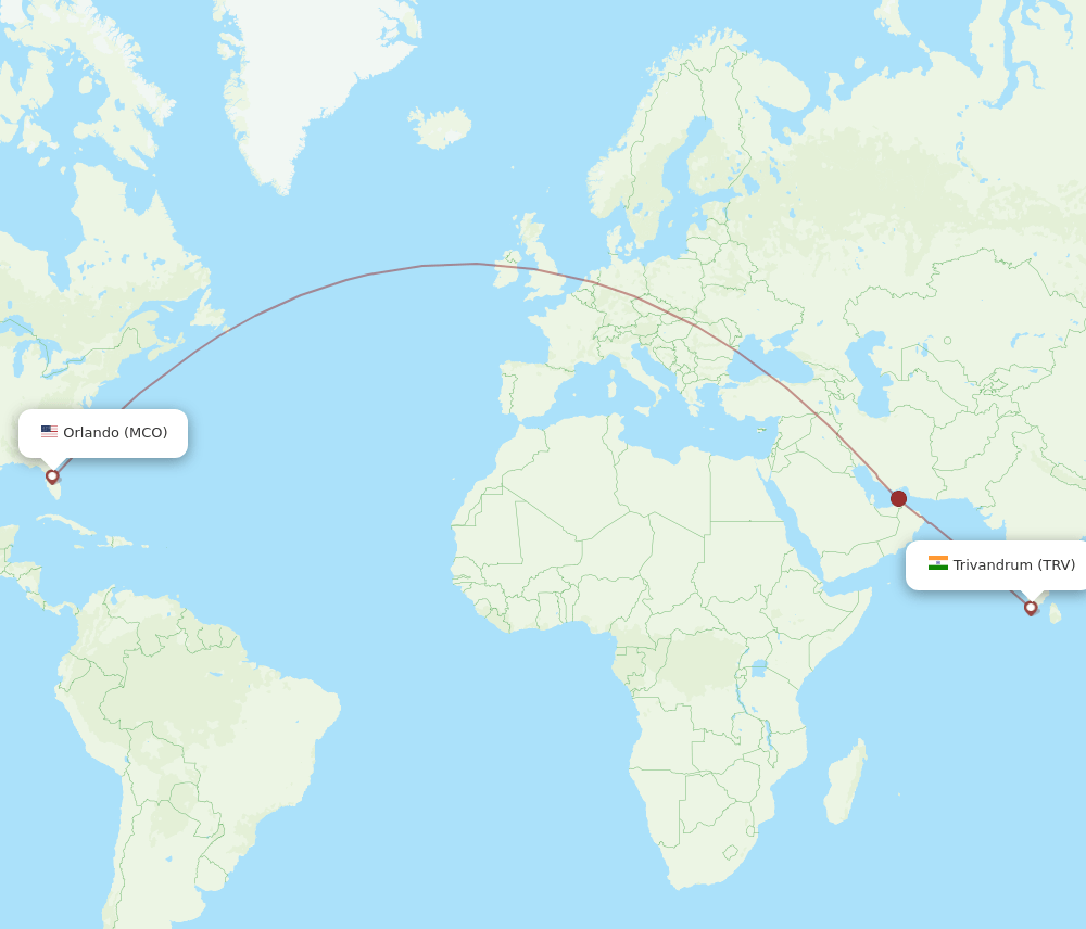 Thiruvananthapuram - Orlando route map and flight paths