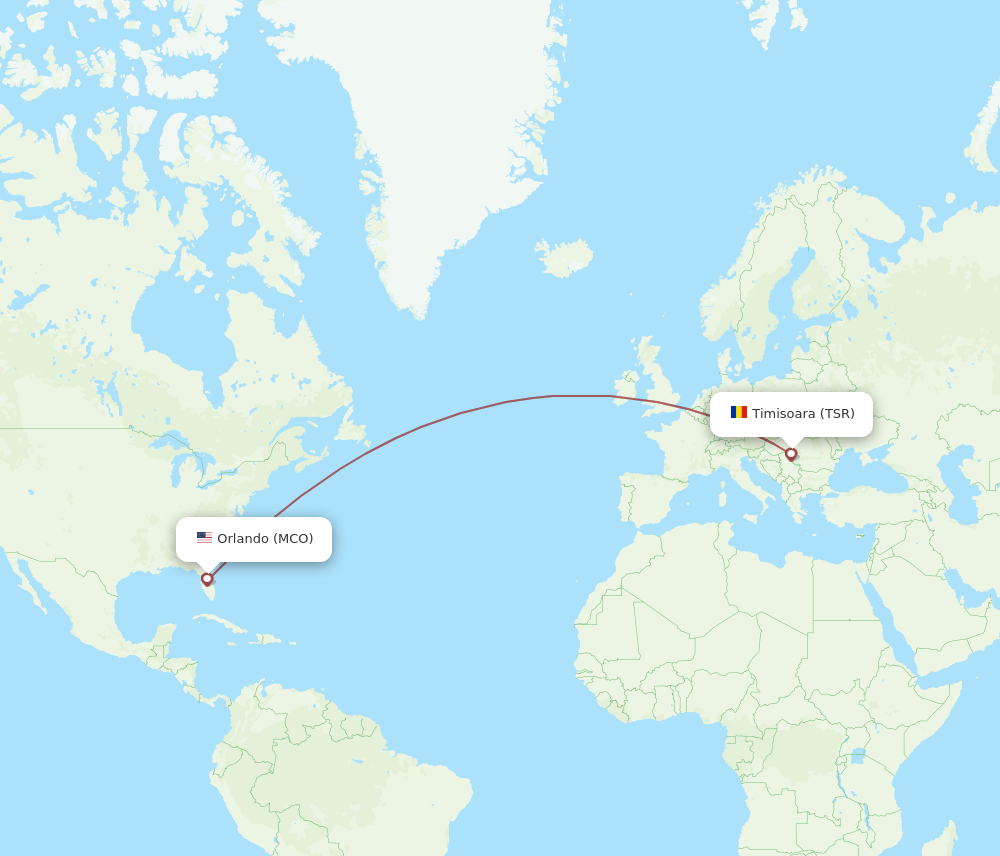 Timisoara - Orlando route map and flight paths