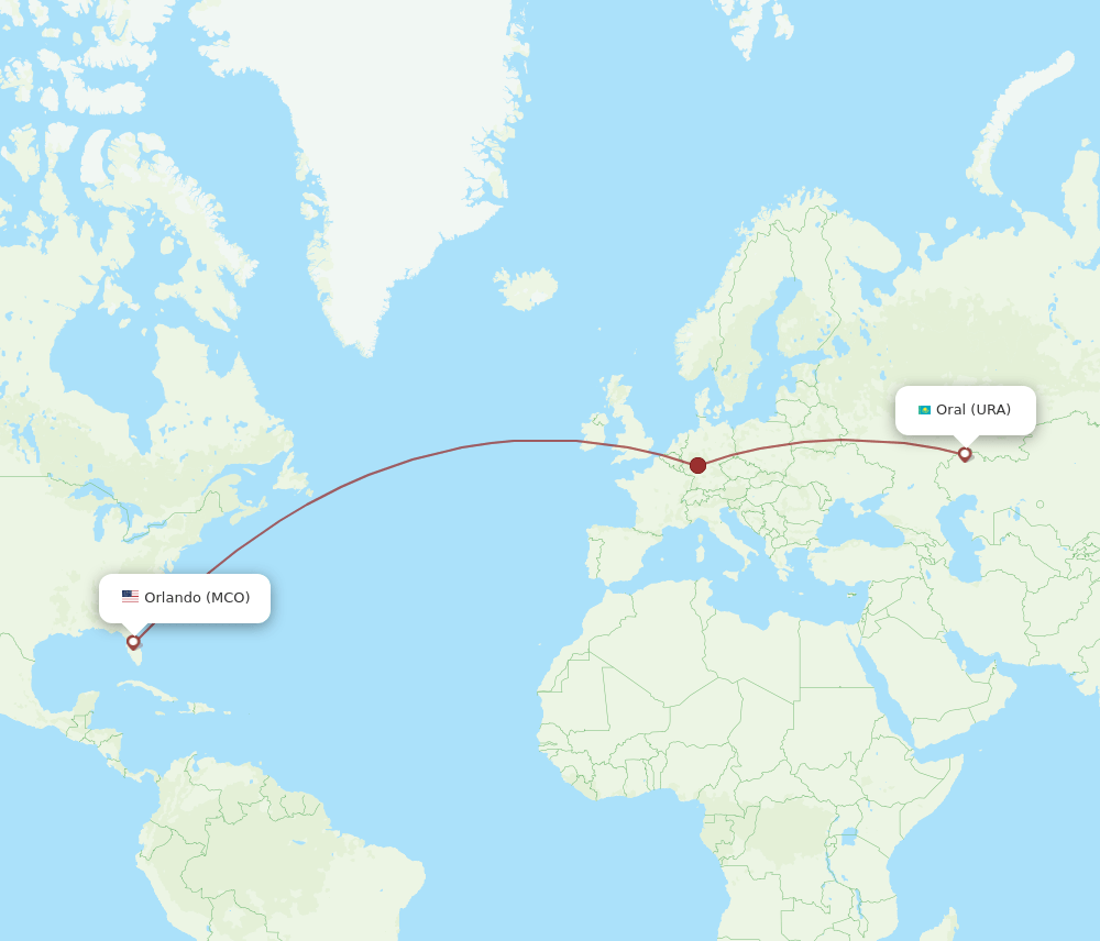 Uralsk - Orlando route map and flight paths