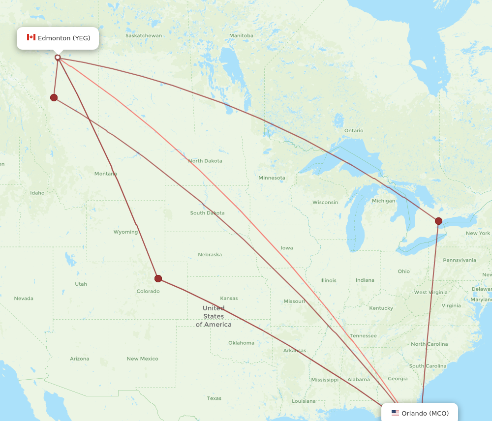 MCO to YEG flights and routes map