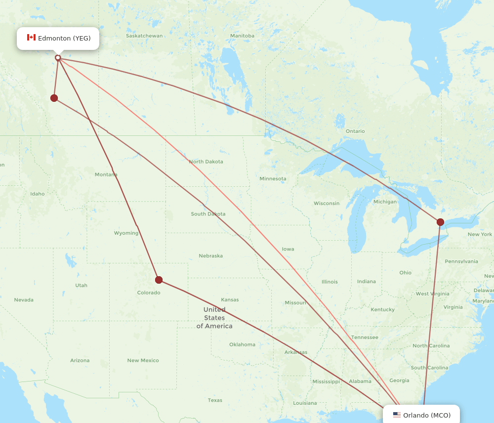 MCO to YEG flights and routes map