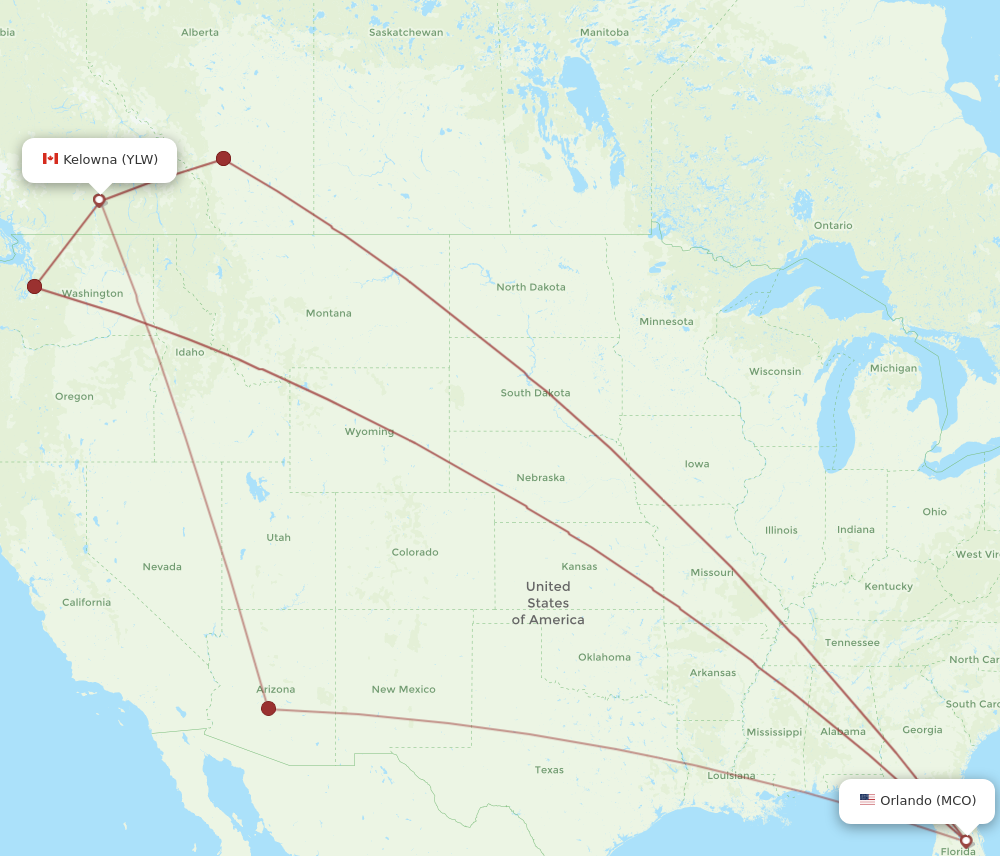 MCO to YLW flights and routes map