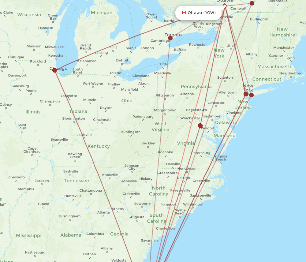 MCO to YOW flights and routes map