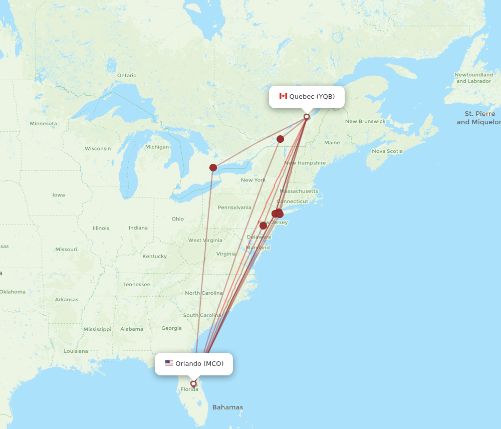 MCO to YQB flights and routes map