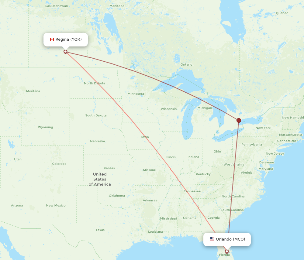 MCO to YQR flights and routes map