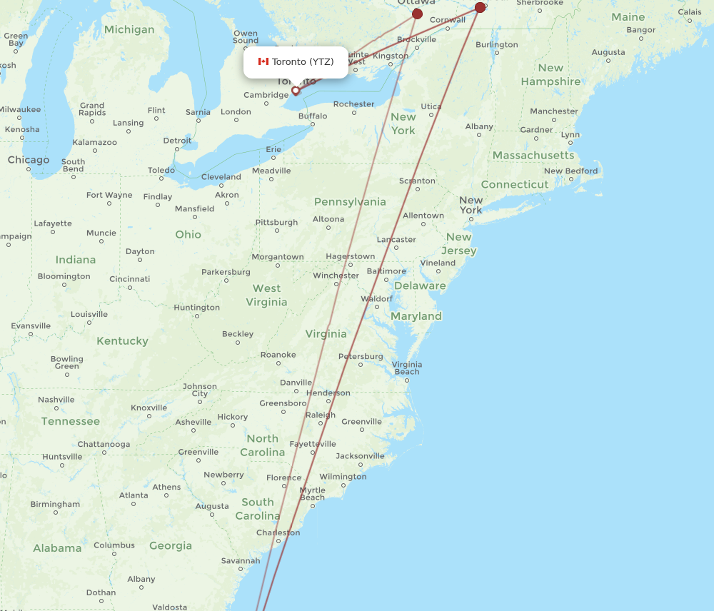 MCO to YTZ flights and routes map