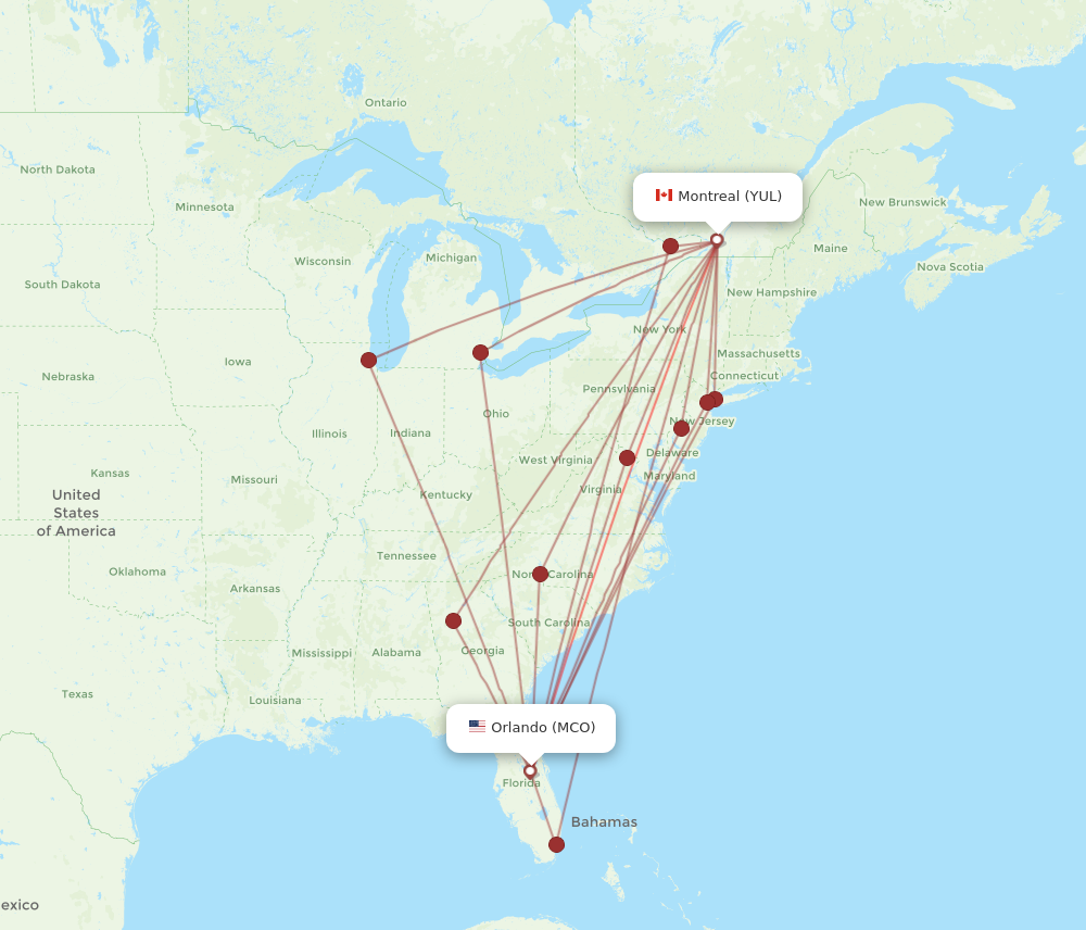MCO to YUL flights and routes map