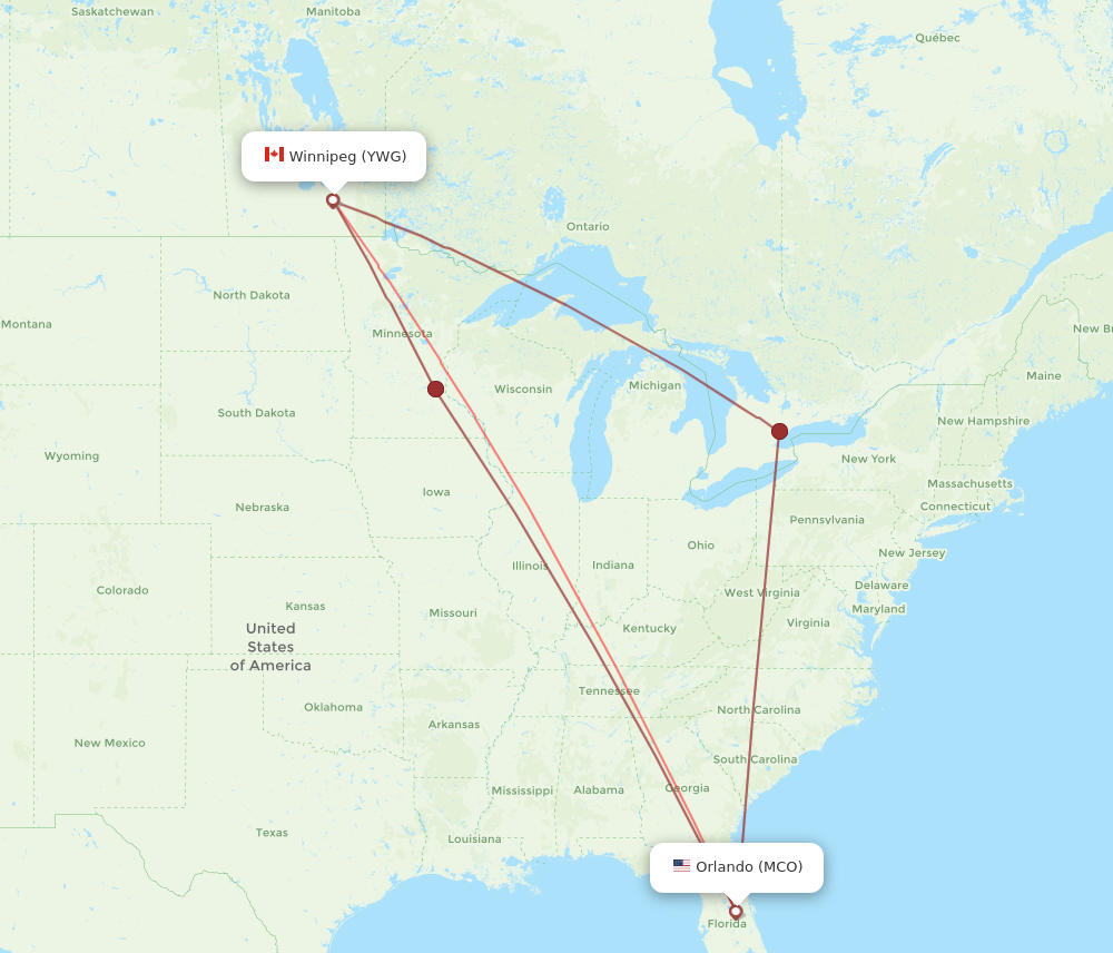 MCO to YWG flights and routes map