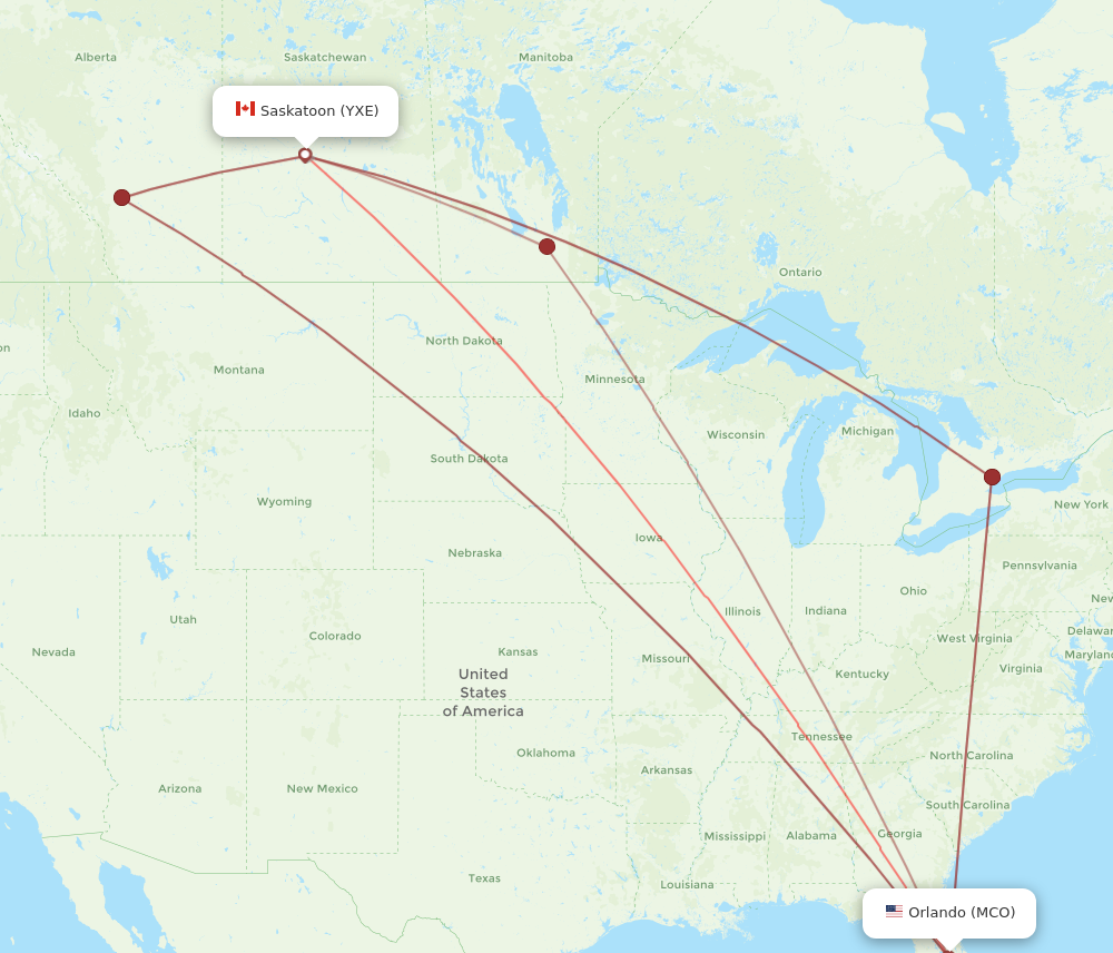 MCO to YXE flights and routes map
