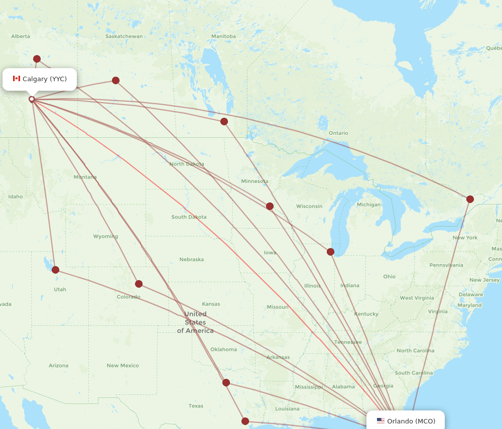 MCO to YYC flights and routes map