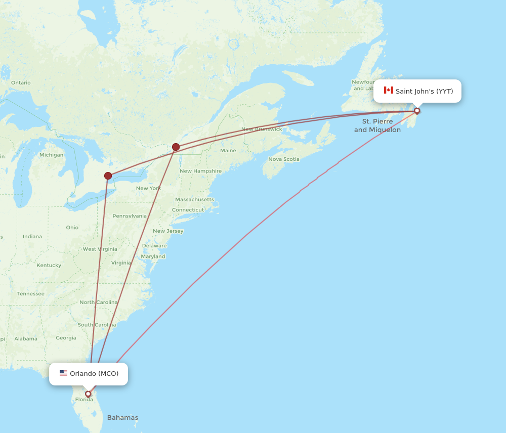 MCO to YYT flights and routes map