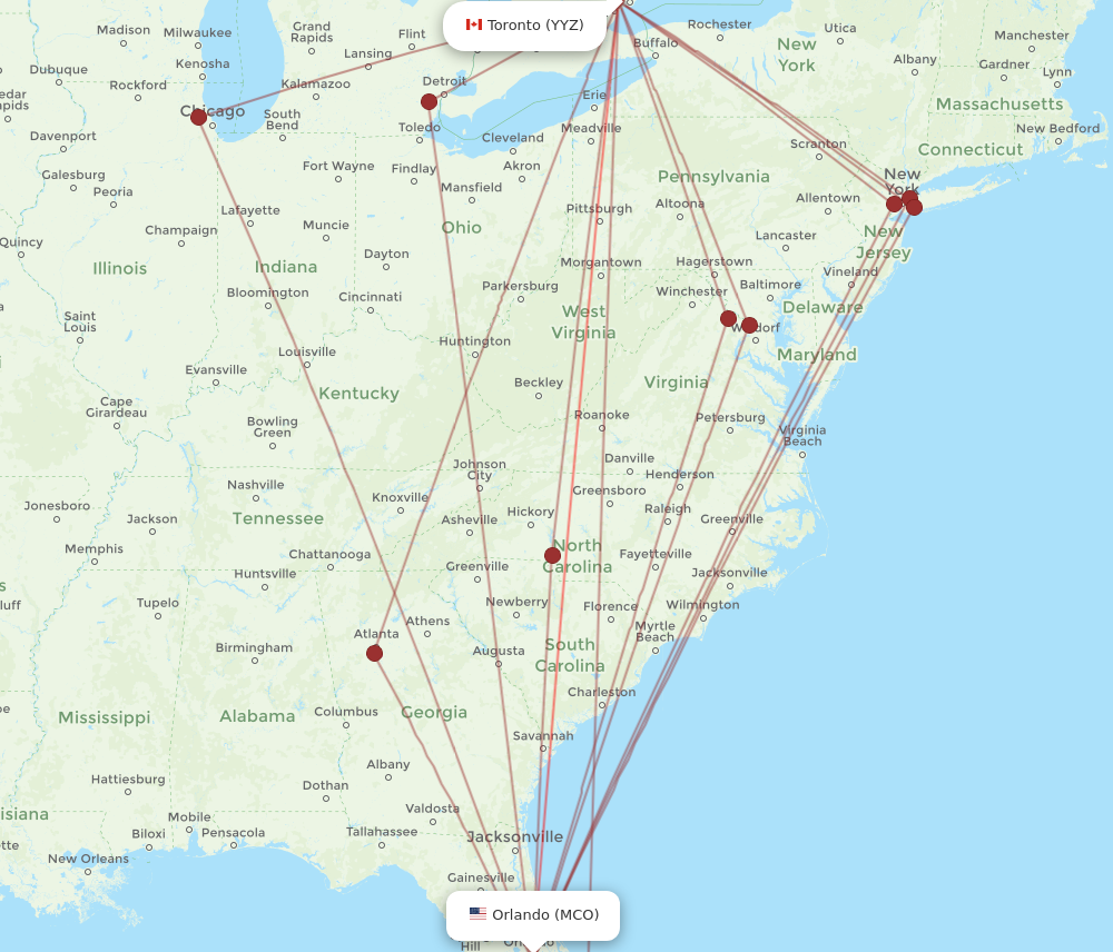 MCO to YYZ flights and routes map