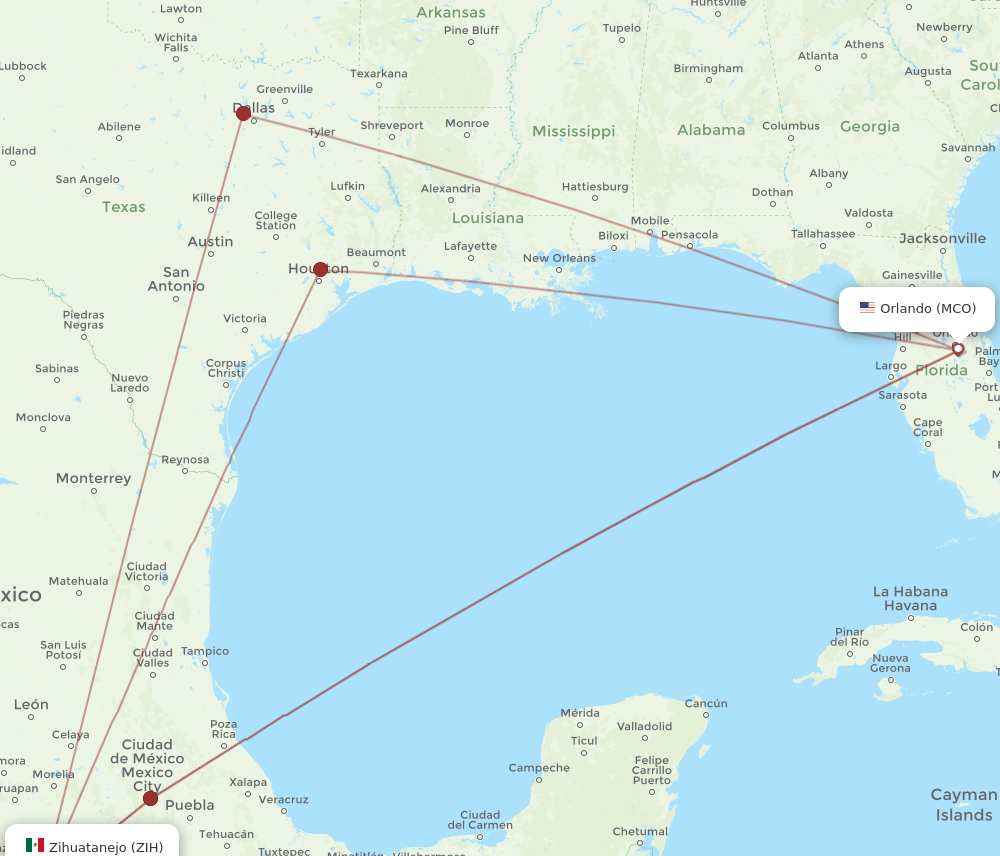 Ixtapa/Zihuatanejo - Orlando route map and flight paths