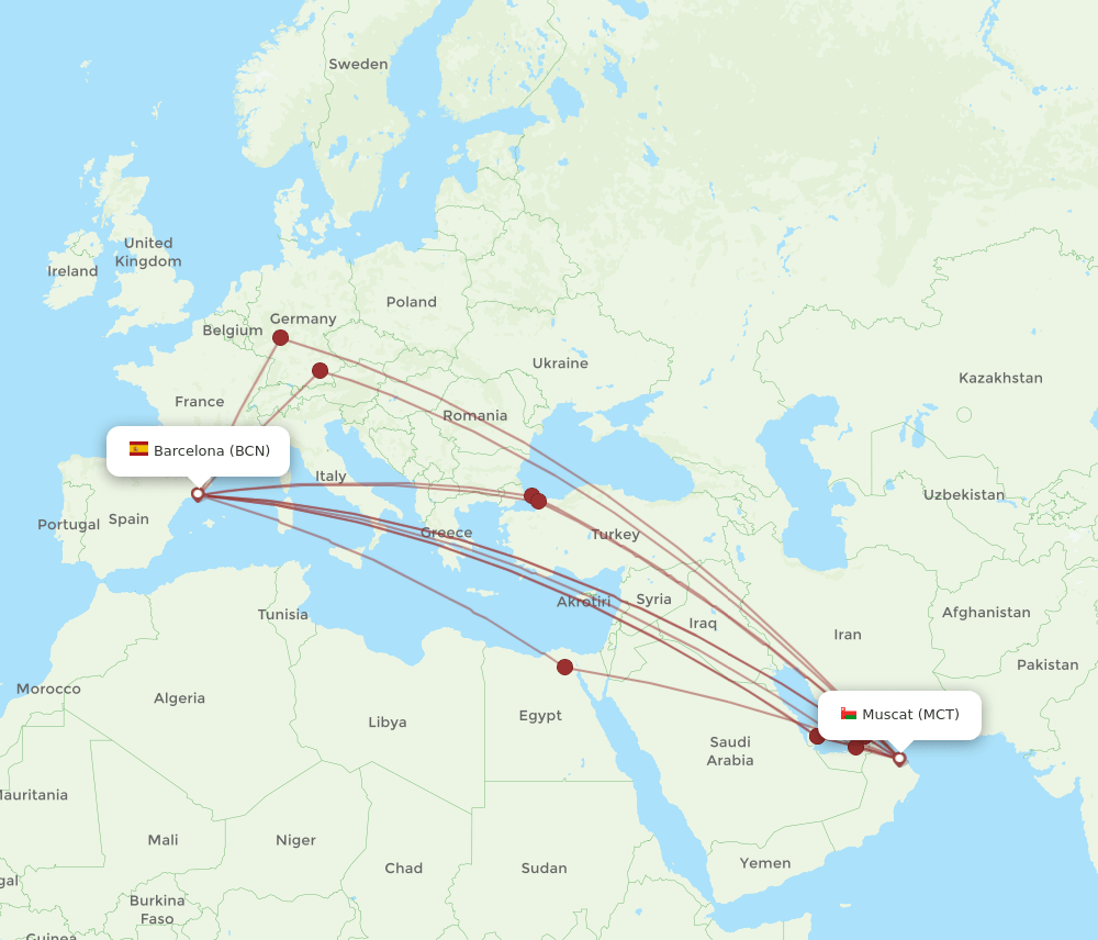 MCT to BCN flights and routes map