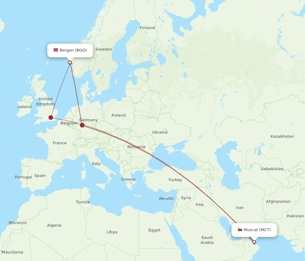 MCT to BGO flights and routes map