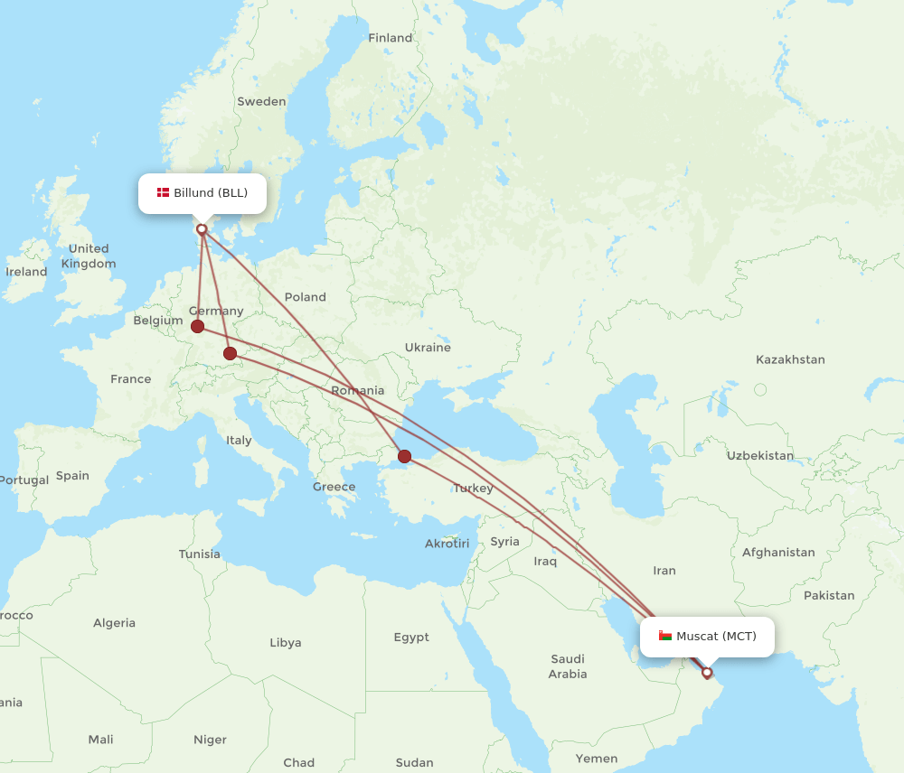 MCT to BLL flights and routes map