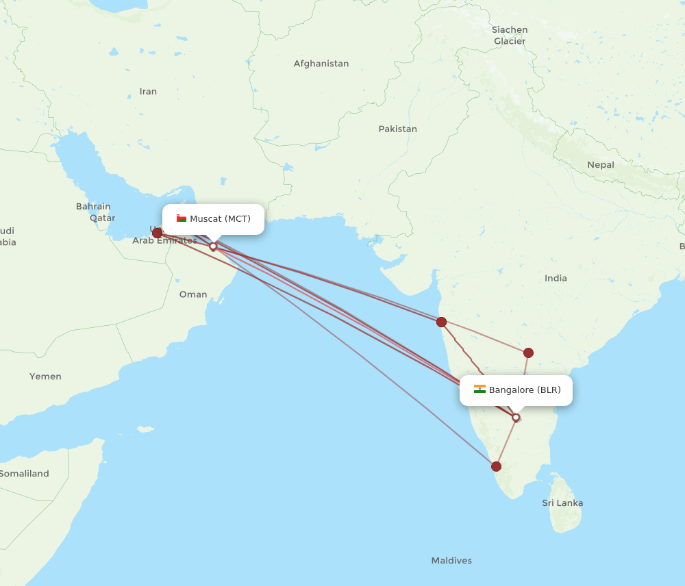 MCT to BLR flights and routes map