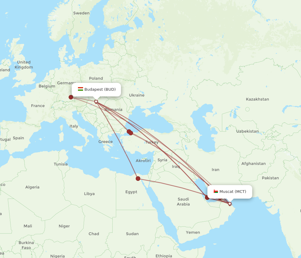 MCT to BUD flights and routes map