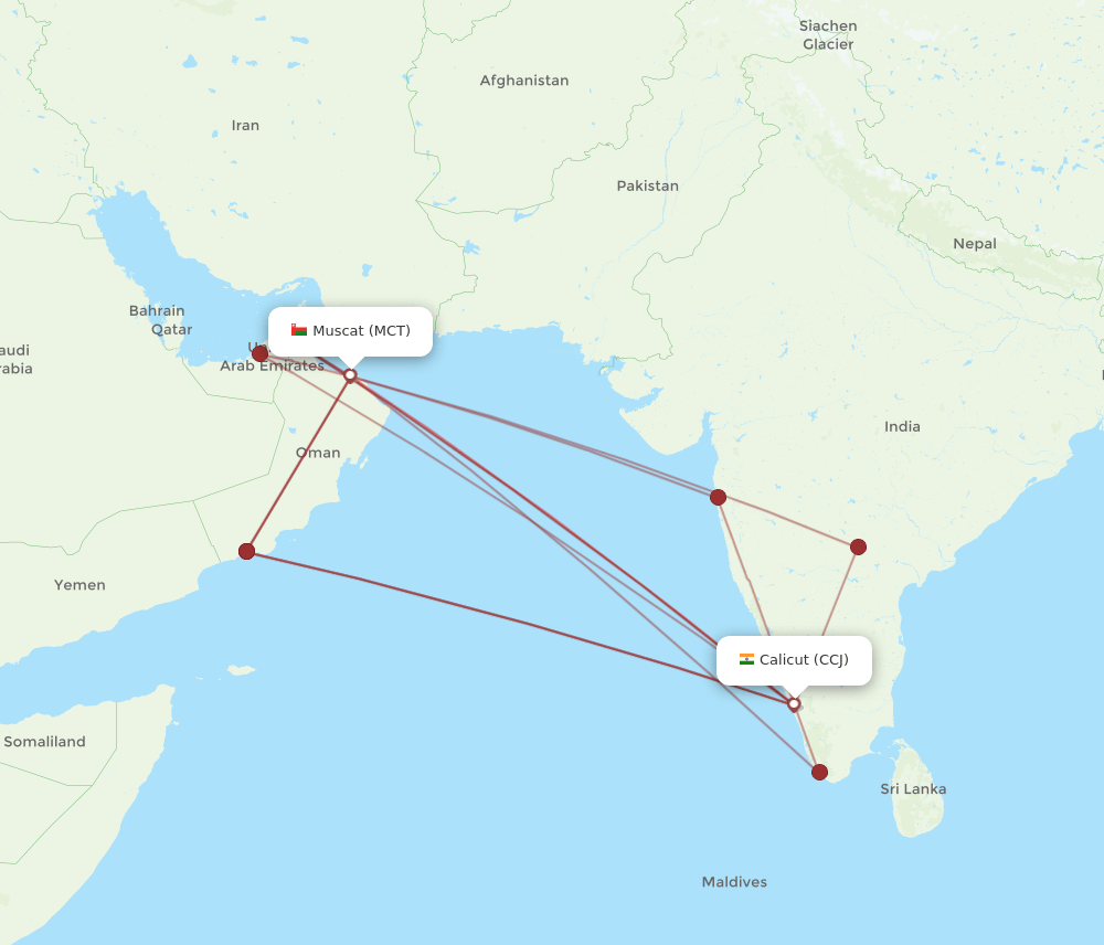 MCT to CCJ flights and routes map