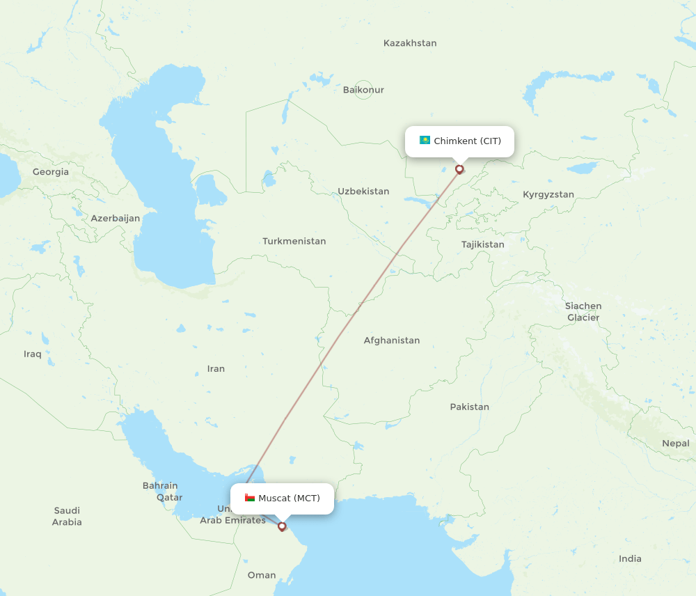 Shymkent - Muscat route map and flight paths