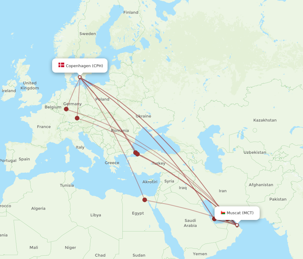 MCT to CPH flights and routes map