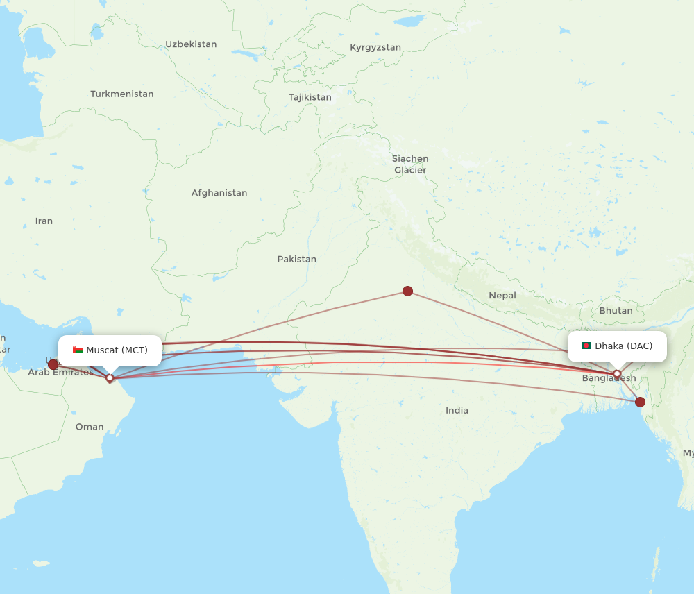MCT to DAC flights and routes map