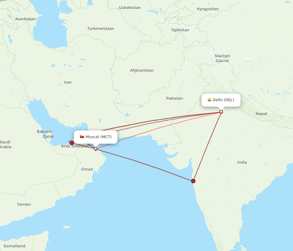 MCT-DEL flight routes