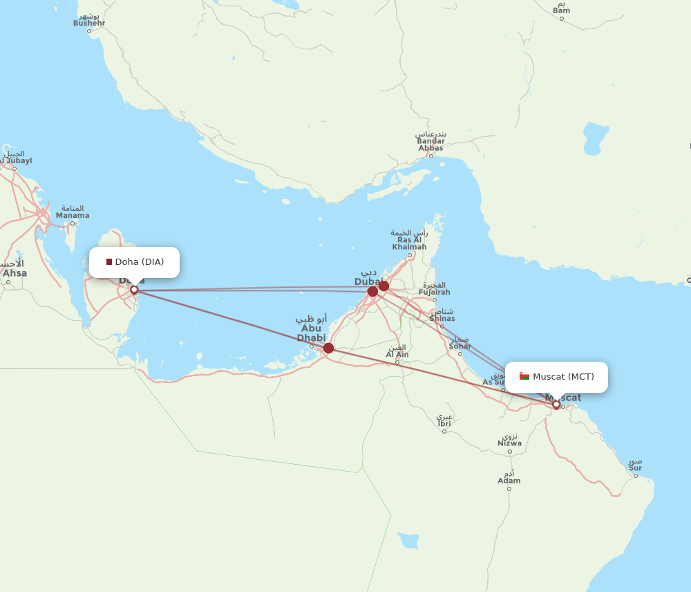Muscat - Doha route map and flight paths