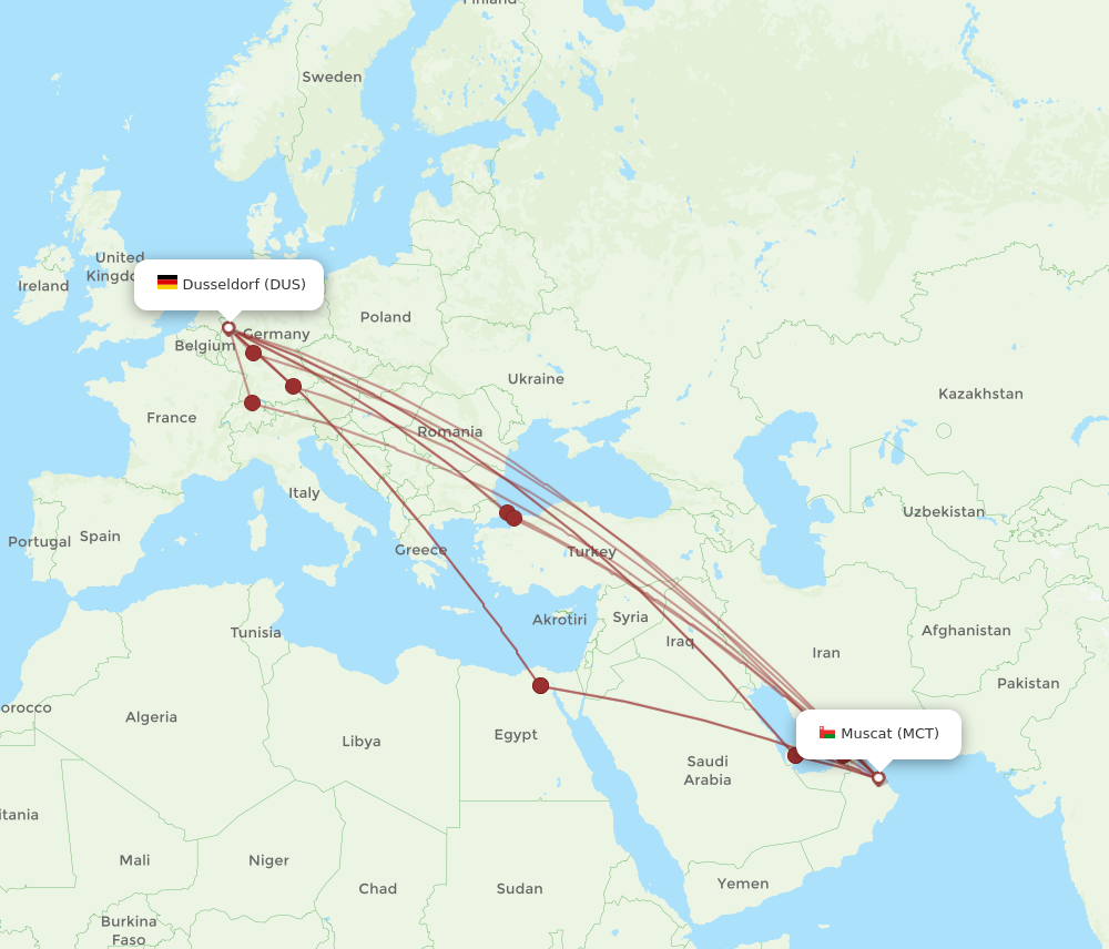 MCT to DUS flights and routes map