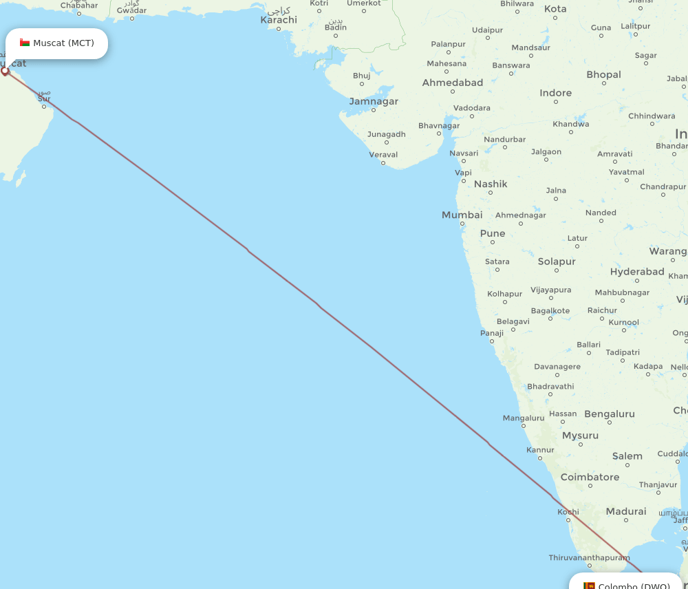 Muscat - Colombo route map and flight paths