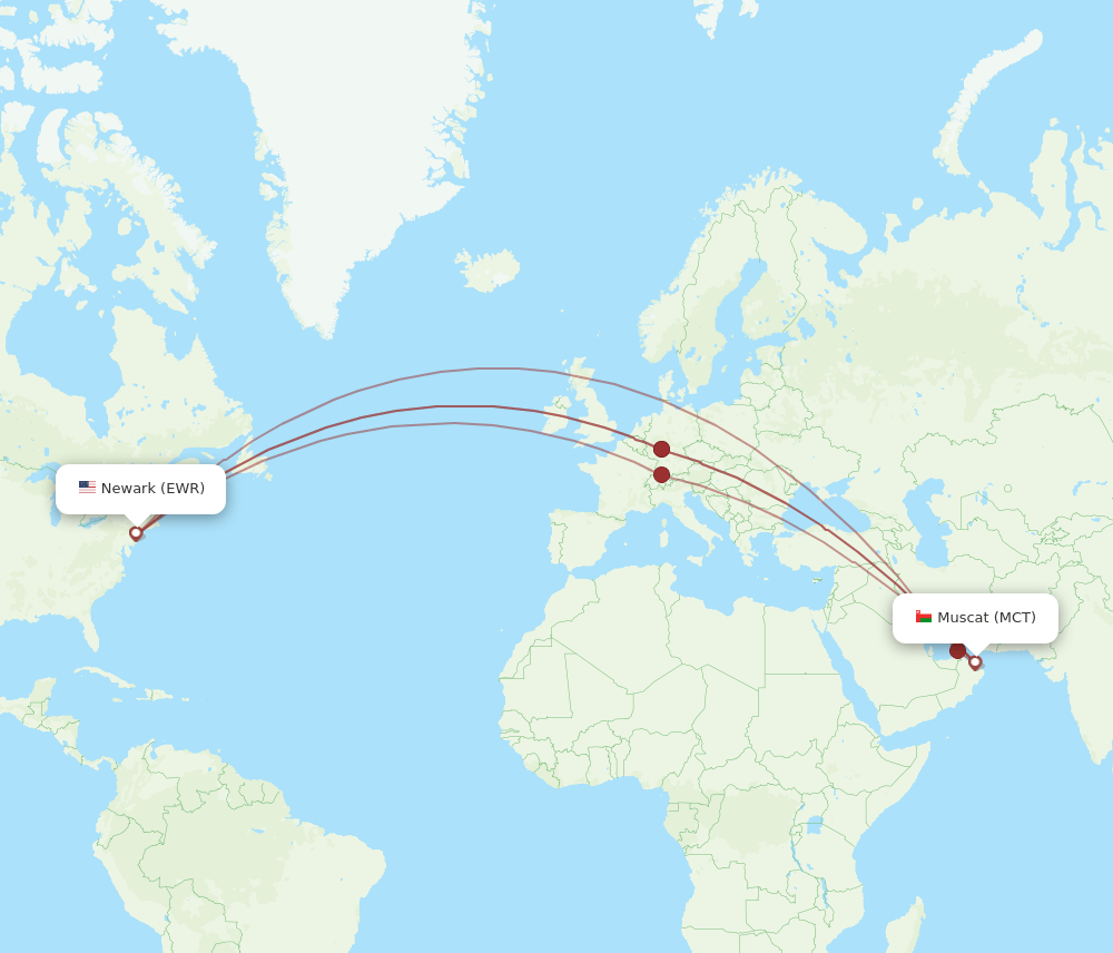 MCT to EWR flights and routes map