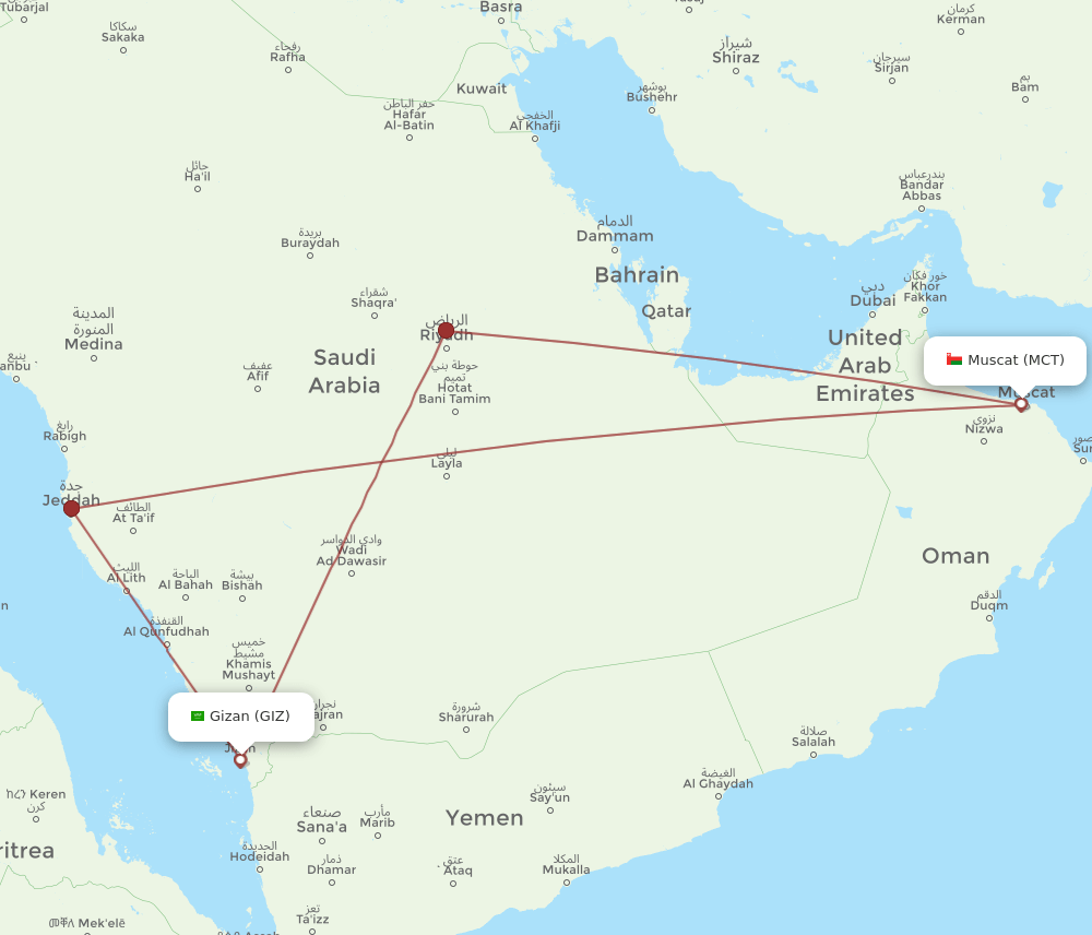 MCT to GIZ flights and routes map