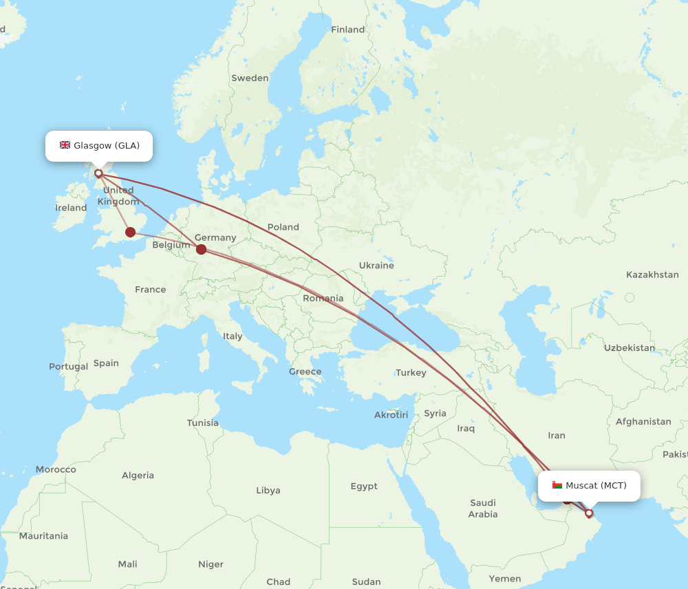 MCT-GLA flight routes