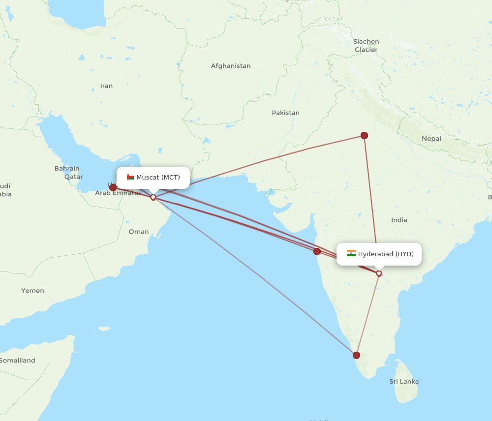 MCT to HYD flights and routes map