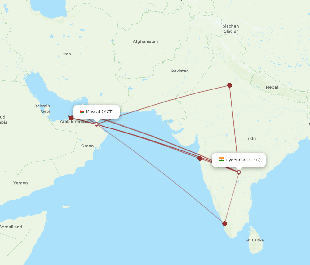 MCT to HYD flights and routes map