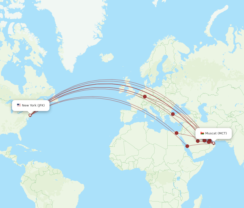 MCT to JFK flights and routes map