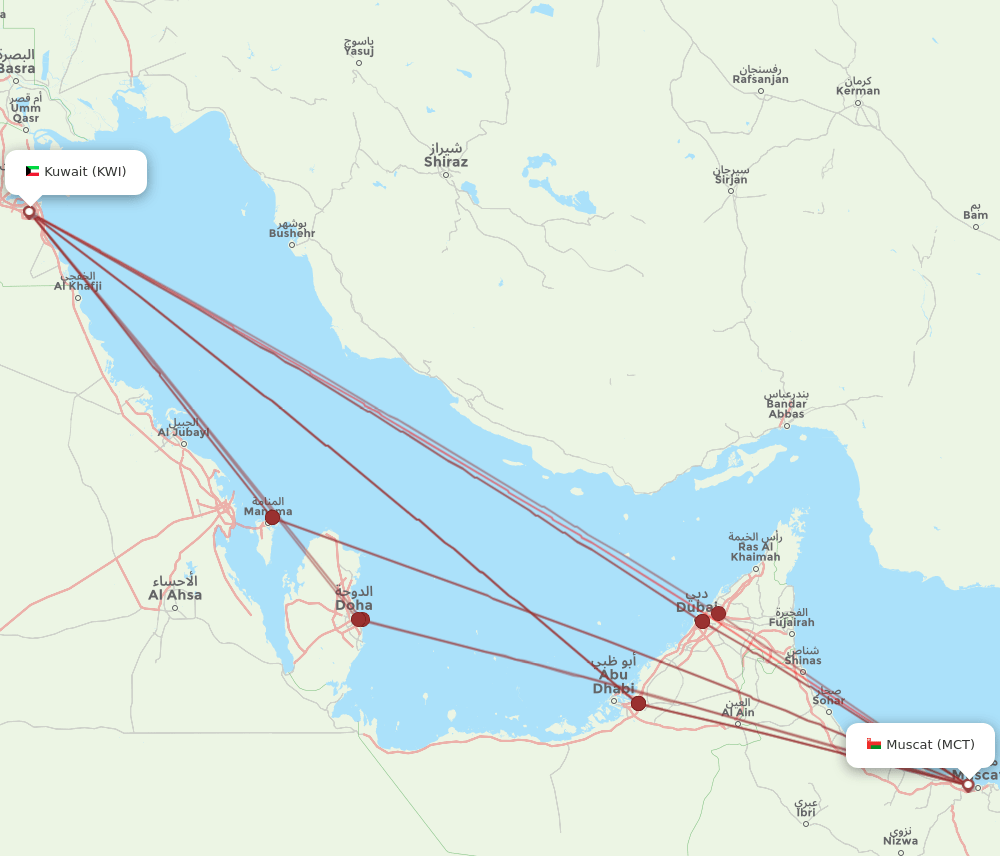 MCT to KWI flights and routes map