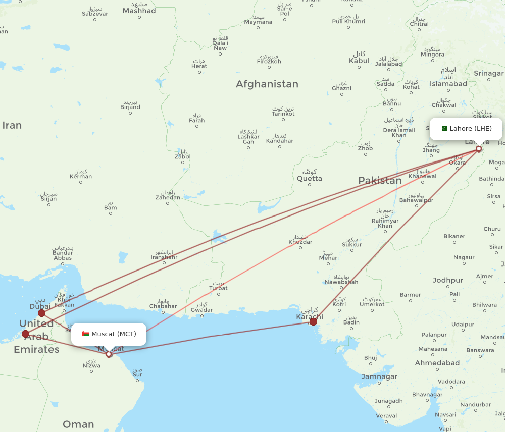 MCT to LHE flights and routes map
