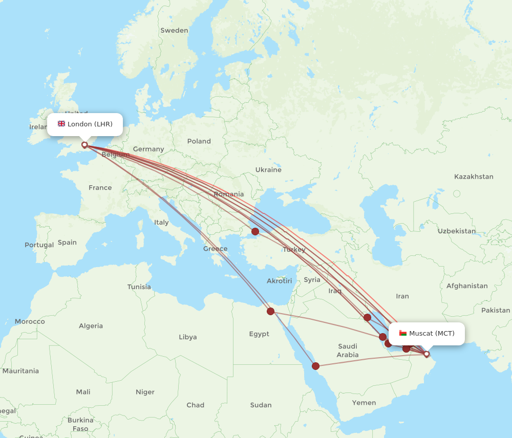 MCT to LHR flights and routes map
