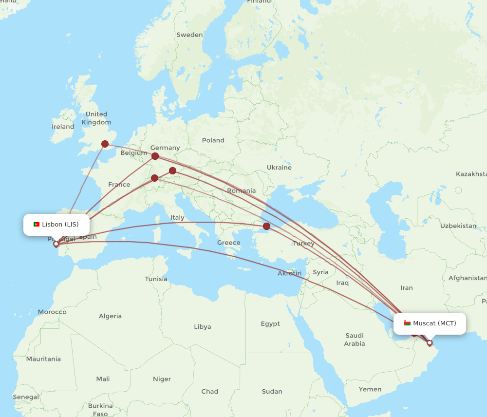 MCT-LIS flight routes