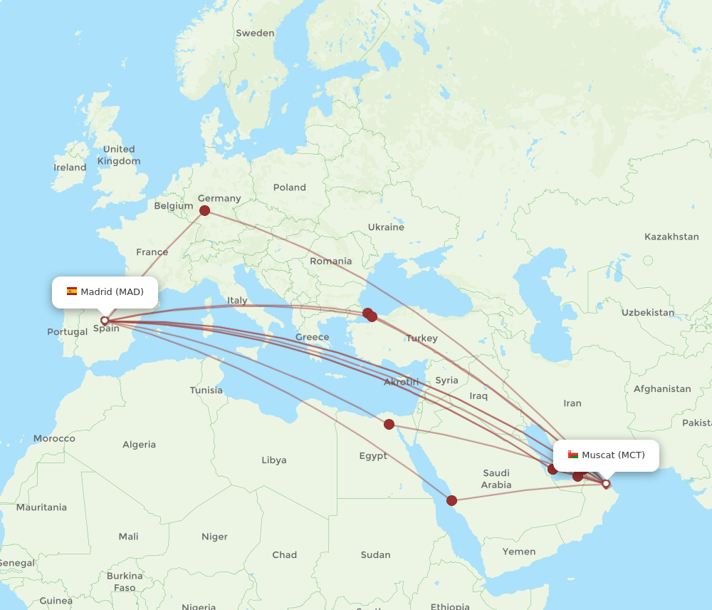 MCT-MAD flight routes