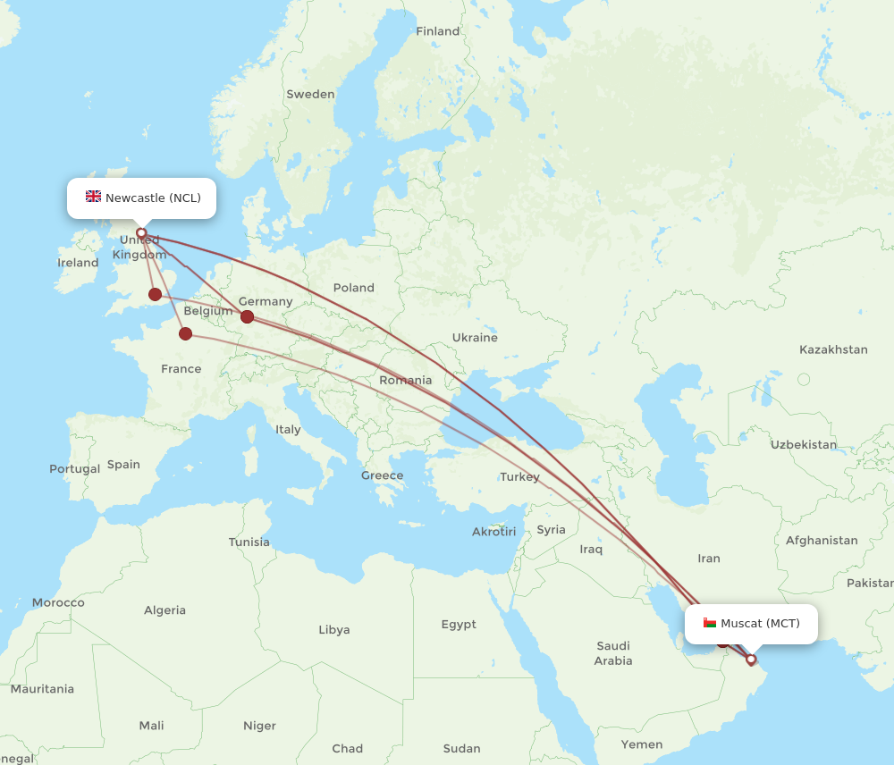MCT to NCL flights and routes map
