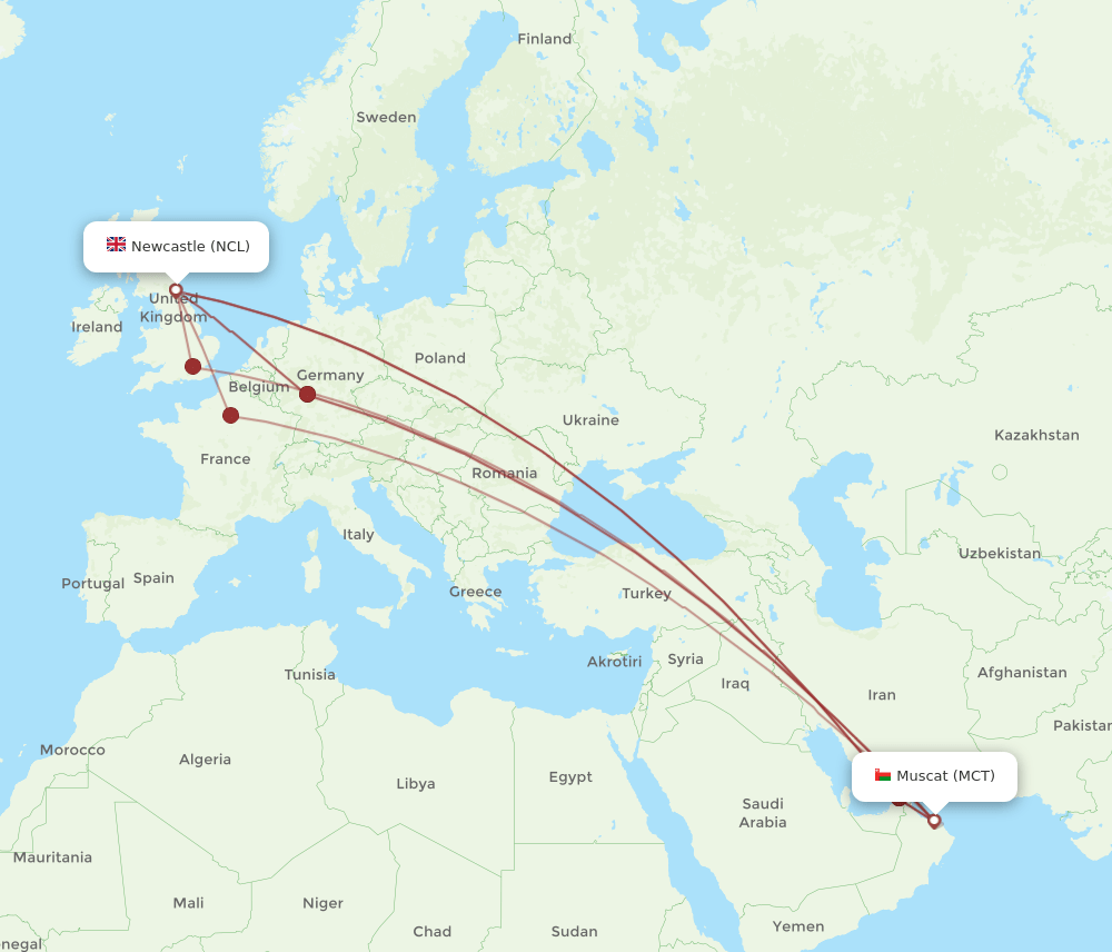MCT-NCL flight routes