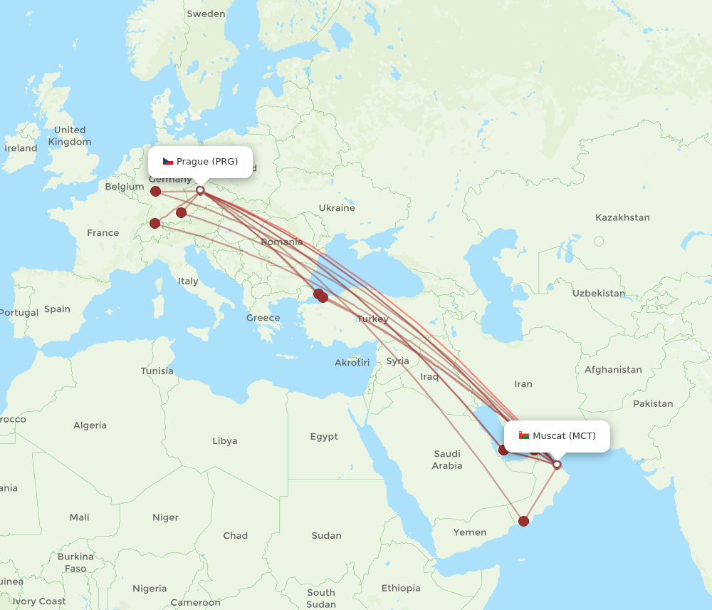 MCT to PRG flights and routes map