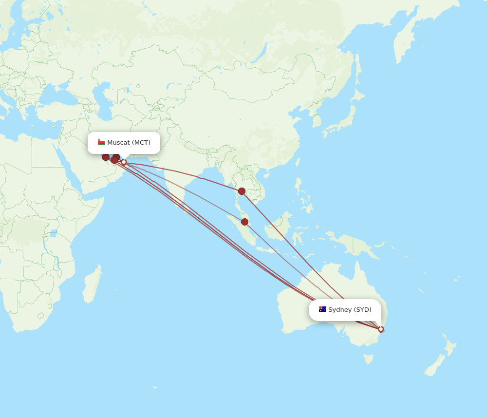 MCT to SYD flights and routes map