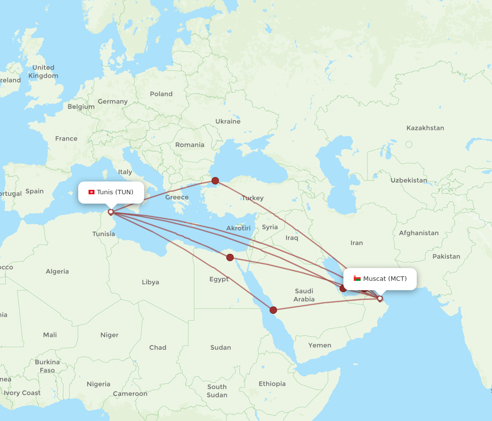 MCT to TUN flights and routes map