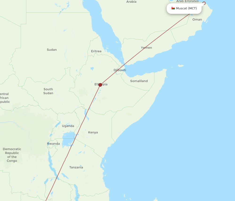 Victoria Falls - Muscat route map and flight paths