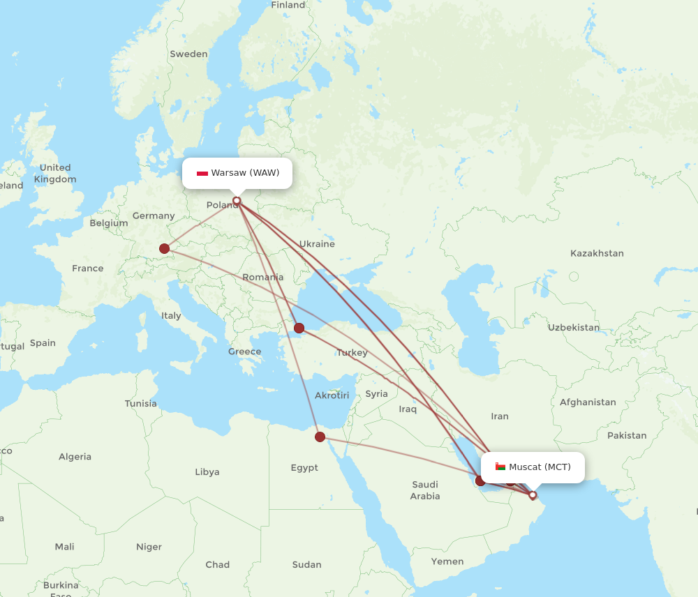 MCT to WAW flights and routes map